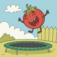 Bouncing Tomato Laughing Mid-Air on Trampoline – Fun and Playful Vegetable Character Vector