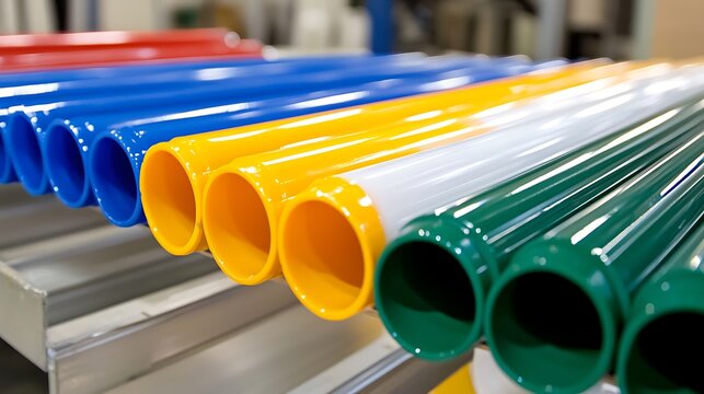 Colorful cylindrical tubes in a factory production line display