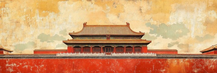 Red walled building with traditional roof against a textured yellow and orange background.