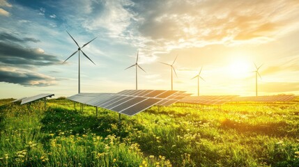 Sustainable Energy: Solar Panels and Wind Turbines at Sunset