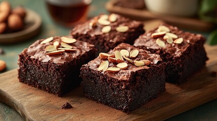 Homemade brownies with gooey fudge center, topped with crunchy almond flakes 