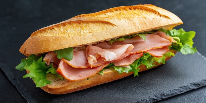 A sandwich with ham and lettuce on a black table. The sandwich is cut in half and is ready to be eaten