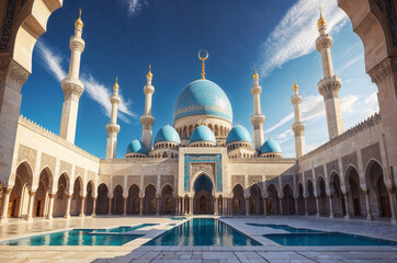 Majestic Ornate Islamic Mosque with Grand Dome Golden Finial Minarets Reflection Pool and Manicured Gardens Under Serene Blue Sky