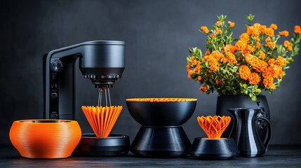 Modern 3D Printer Creating Orange Decorative Objects Stylish Home Decor