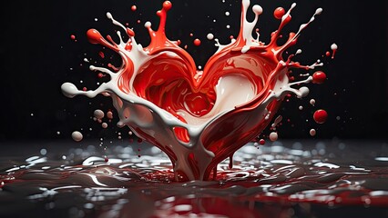 A red heart-shaped object is seen splashing into a pool of white liquid