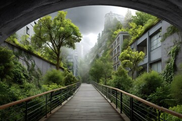 Fototapeta premium Wooden walkway leads into sustainable green city under concrete arch