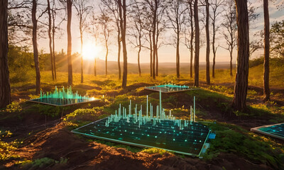 A surreal digital forest made of glowing financial graphs, data trees growing from circuit board soil, light particles flowing through branches, sunrise over a synthetic horizon
