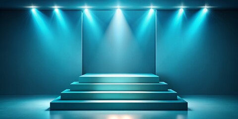 Obraz premium Abstract Blue Studio Background with Spotlight, Staircase & Stage Lights for Product Photography