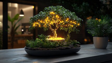 Illuminated Bonsai Tree Night Scene Peaceful Zen Garden Decor