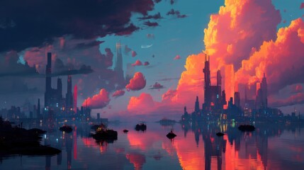 Stunning Futuristic Cityscape at Dusk with Ethereal Reflections on Water, Bright Neon Lights, Towering Skyscrapers, and Dramatic Cloud Patterns for a Dynamic Sci-Fi Atmosphere