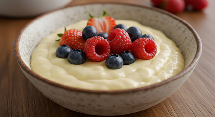 Homemade Gluten Free Vanilla Pudding With Fresh Berries Dessert Bowl