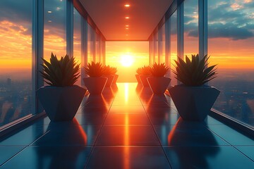 Solar panel integrated skylight, open plan office, geometric plant pots, diffused sunlight, low angle shot.