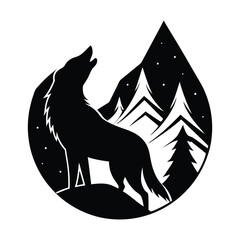 A wolf howling with mountains inside silhouette on white background.
