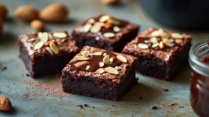 Homemade brownies with gooey fudge center, topped with crunchy almond flakes 