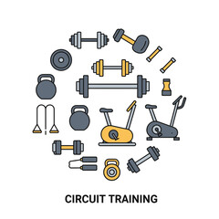Obraz premium Circuit Training Equipment: A visually appealing and comprehensive collection of fitness equipment, perfectly arranged in a circular layout, representing a complete circuit training setup.