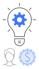 Lightbulb with gear inside radiating ideas, human head profile symbolizing innovation, coin with dollar sign for monetary growth. Ideal for creativity, business, finance, teamwork, innovation