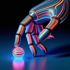 Neon Precision – Futuristic Robotic Hand Interacting with a Glowing Orb of Light