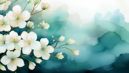 watercolor spring background with sakura flowers on green background.