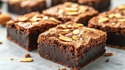 Homemade brownies with gooey fudge center, topped with crunchy almond flakes 