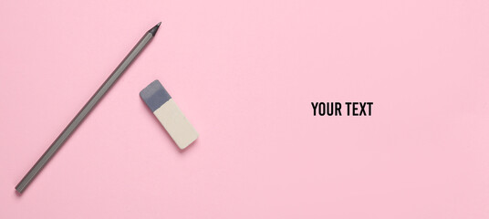 Pencil with eraser on pink background. Copy space for your text and information