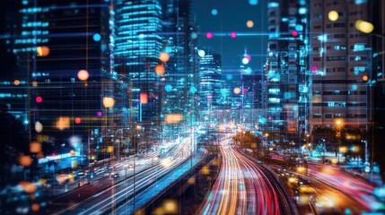 Obraz premium Cyber City Nightscape: Futuristic Metropolis at Night