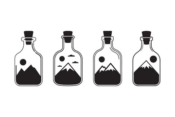 Mountain in Bottle Silhouette Vector Nature Scene, Adventure Art, Minimal Design