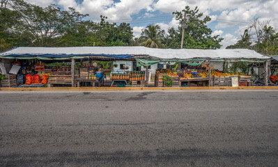 Roadside open-air fruit and vegetable market in Pedro Antonio Santos, Quintana Roo, Mexico 