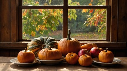 Autumn pumpkins and gourds at the farm during harvest season