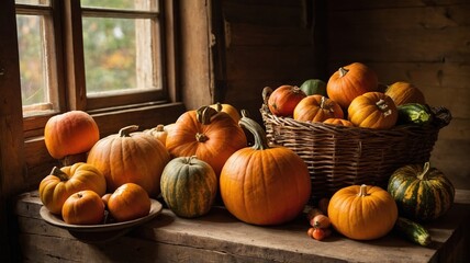 Autumn pumpkins and gourds at the farm during harvest season