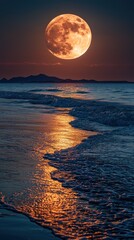 Obraz premium Spectacular Lunar Display over Tranquil Ocean Waves at Twilight's Embrace