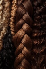 Closeup of braided and curly hair in various natural brown textures