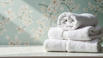 Stack of White Towels on Shelf, Hygiene and Wellness Concept