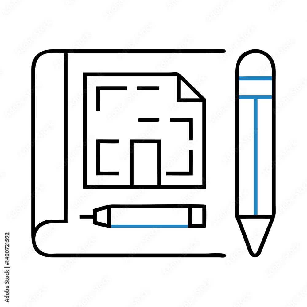 Poster construction blueprint with pencil icon representing architectural design and planning
