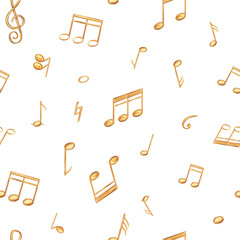 Golden yellow abstract musical notes seamless watercolor banner isolated background. Hand painted music symbols illustration for concert program, premium stationery, wedding invitation, festive decor.