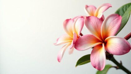 Naklejka premium Large frangipani blooms against a soft white background, floral, large blooms