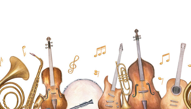 Music instruments and musical notes horizontal seamless watercolor banner isolated background. Acoustic and electric guitar, violin, trumpet, saxophone, French horn, drum, double bass illustration