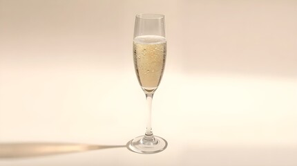 A delicate champagne flute filled with bubbles, placed on a clean cream-colored surface, no decoration, minimal and elegant
