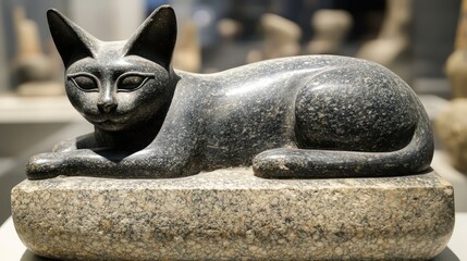 Ancient Egyptian granite cat statue in museum