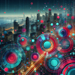 Futuristic Cyberpunk Cityscape with Neon HUD Elements, Glowing Data Interfaces, and a High-Tech Skyline Immersed in a Digital Matrix

