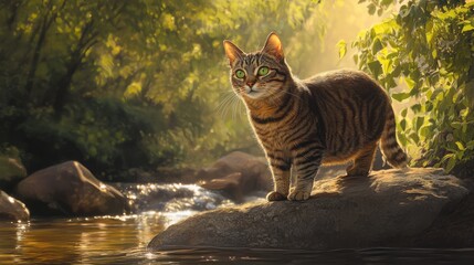 Obraz premium A tabby cat with striking green eyes stands on a large rock by a serene riverbank