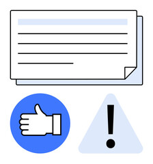 Document with lines, blue circle with thumbs-up, and triangle with exclamation mark. Ideal for feedback, approval, caution, communication, analysis decisions reminders. Flat simple metaphor