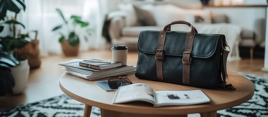 Stylish Messenger Bag on Coffee Table in Modern Home