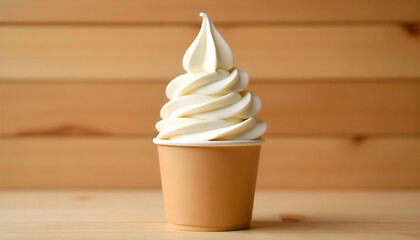 A delightful soft-serve ice cream swirls perfectly in a paper cup, ready for a sweet treat.