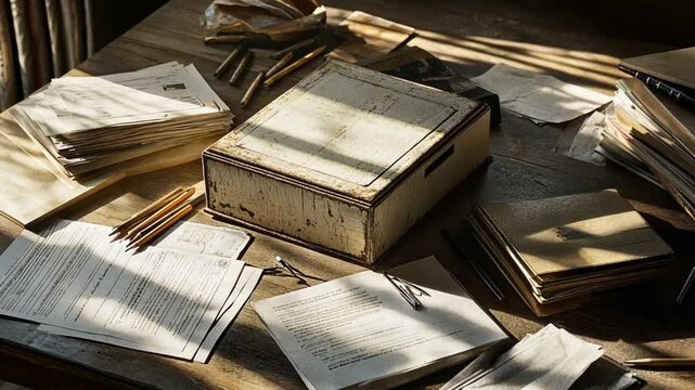 Old box sits amid papers on wooden surface indoors