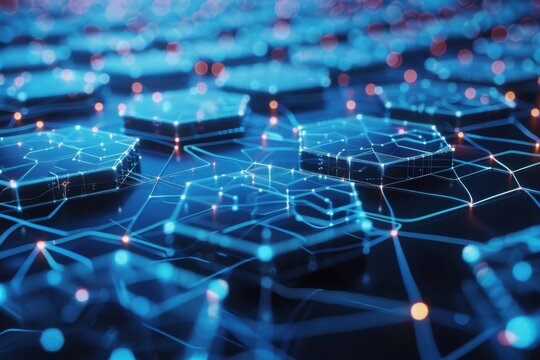 An abstract technology background with a network of glowing blue hexagons and electronic circuitry elements