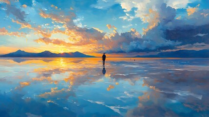 Panoramic oil painting of Bolivia&rsquo;s salt flats after rain, the shallow water creating a vast, perfect reflection, golden sunlight breaking through the clouds,