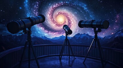 Three large telescopes on a balcony overlooking a nighttime sky dominated by a glowing spiral galaxy.