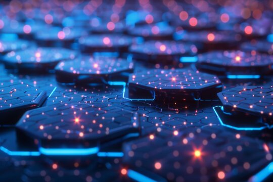 An abstract technology background with a network of glowing blue hexagons and electronic circuitry elements - Powered by Adobe
