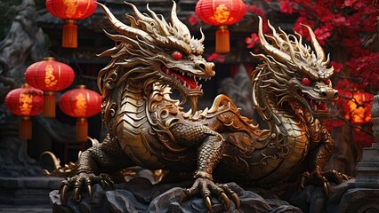 Fototapeta premium A detailed wooden sculpture of a dragon curled around a red lantern