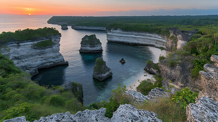 Obraz premium Picturesque Coastal Scenery with Rocky Cliffs and Azure Water at Tropical Paradise Under a Vibrant Sunset at Rocky Coastline